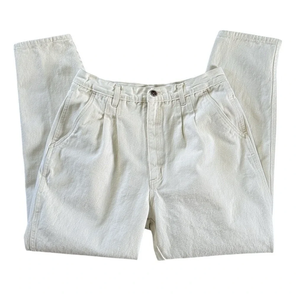 VTG Bill Blass Pleated Mom Jeans Women's M Ecru Cream Cotton High Rise Tapered